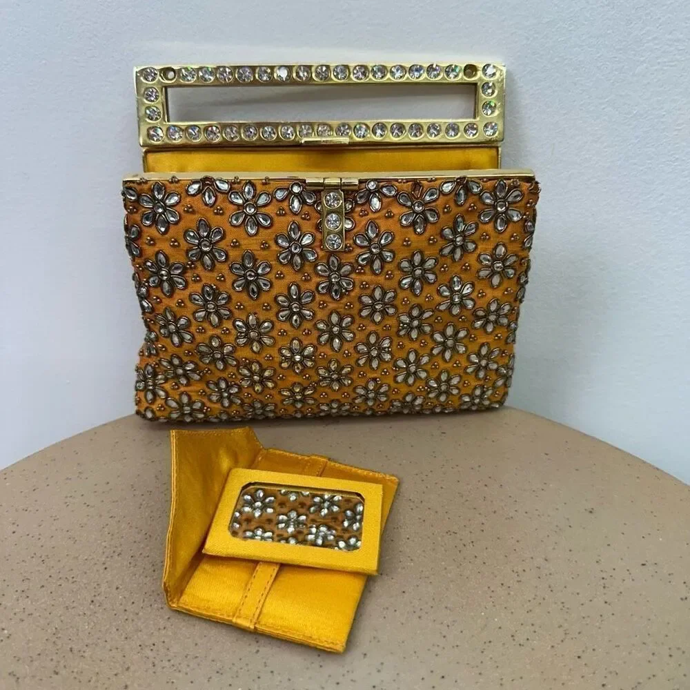 Meera Mahadevia Fully Embellished Satin Marigold Yellow Clutch Purse